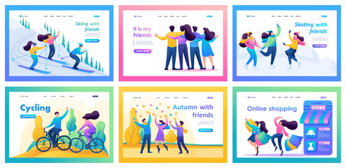 Collection of vacation landing pages with friends. Joint walks, shopping, cycling, recreation. Cartoon flat characters