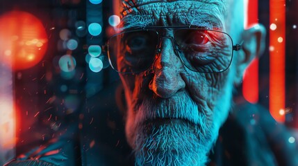 Portrait of an old man with glasses looking at the camera with red and blue lights reflecting in his glasses. - Powered by Adobe