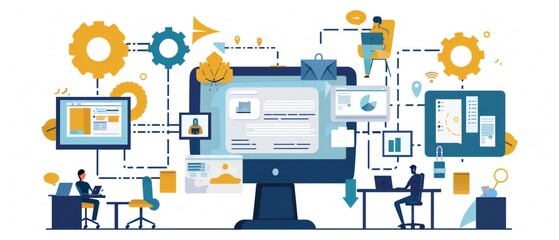Isometric view of print and document processing workflow in modern office. Office technology concept.