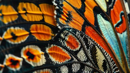 Extreme close-up of a butterfly wing, with vibrant orange, black, and white markings.