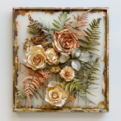 Classic roses and ferns in a gold rectangle frame