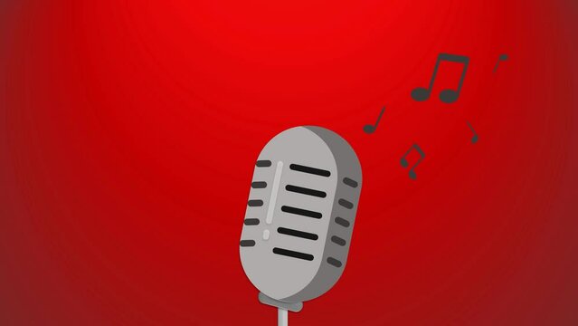 Singing animated background illustration of a red microphone and music notes animation, retro microphone on a red background depicts a singing contest or concert