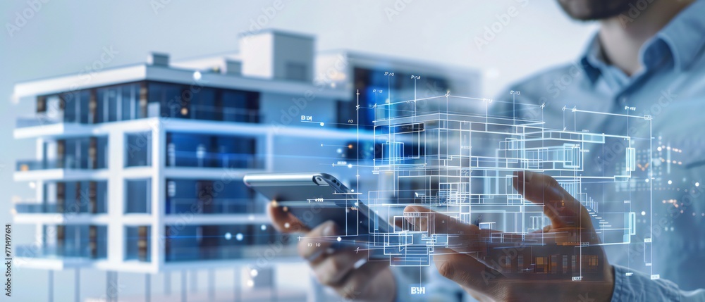 Aufkleber architect using smartphone with augmented reality interface visualize building design.