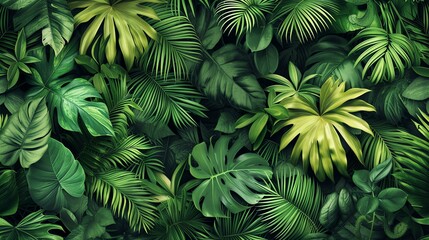 The image is a seamless pattern of lush tropical leaves. The leaves are rendered in a realistic style and feature a variety of colors and textures. - obrazy, fototapety, plakaty