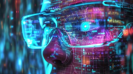 The image is a close-up of a person wearing a virtual reality headset. The headset is transparent, so we can see the person's eyes.