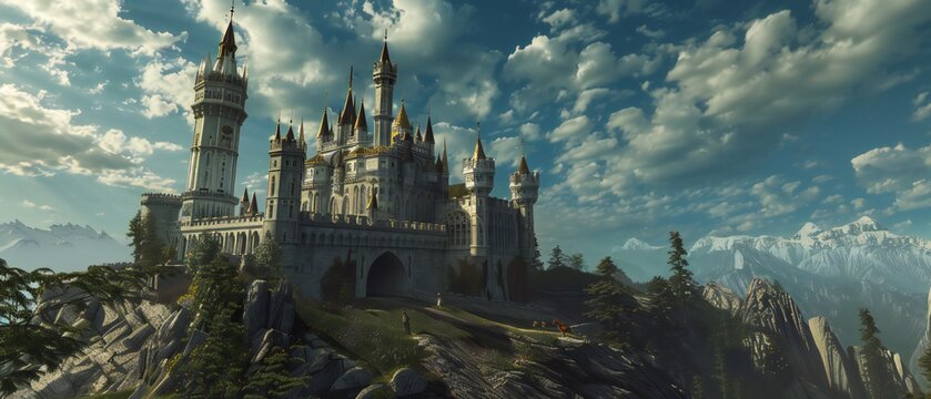 Sunset over mystical fantasy castle on the shoreline. Epic adventure and fantasy novel concept