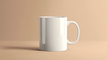 A simple white coffee mug sits on a solid beige background. The mug is plain and has a glossy finish.