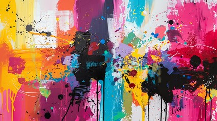 Brightly colored abstract painting with a variety of brushstrokes and splatters.