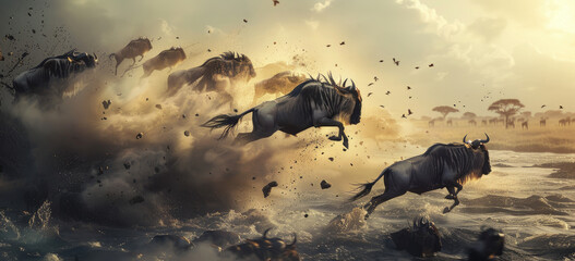Photo of an intense moment as wildebeest jump into the river during their great migration - obrazy, fototapety, plakaty