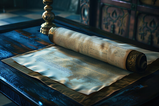 Ancient desk table with old torah scroll papyrus AI Generative