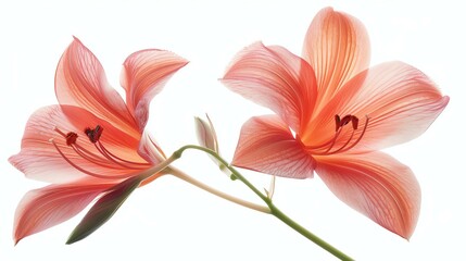 Two orange lilies isolated on white background. The lilies are in full bloom and have a delicate, translucent appearance.