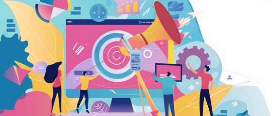 Fototapeta premium Dynamic flat design illustration of a red megaphone with social media icons and abstract shapes.