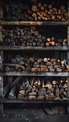 Stacked timber logs at a lumber mill. Woodworking and timber industry concept. Design trade brochure