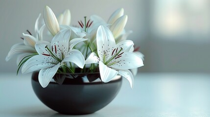 3D render of lilies in a minimalist black flower pod, clipart isolated on a white background - obrazy, fototapety, plakaty