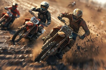 Design a scene of dirt track racers kicking up rooster tails of mud as they slide through a turn