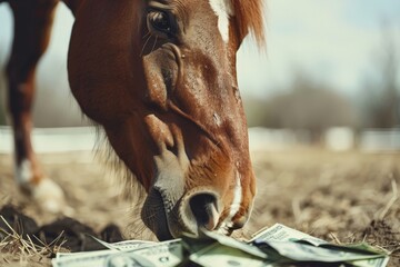 A horse is seen devouring a stack of money in a grassy field, surrounded by nature - obrazy, fototapety, plakaty