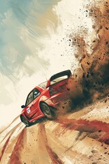 Draw a rallycross car kicking up dirt as it drifts around a hairpin turn - obrazy, fototapety, plakaty