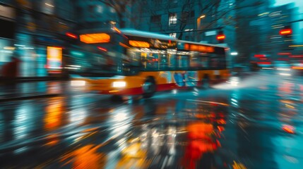 Blurred motion of a city bus at night with colorful street reflections.