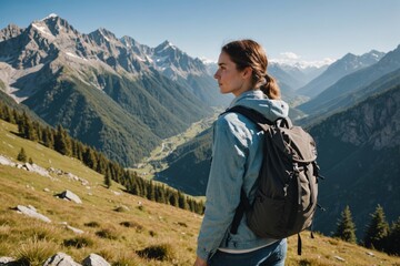Young woman with backpack standing in front of and mountains - Powered by Adobe