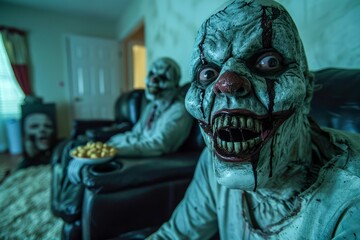 Two Creepy Clowns in Horror Masks Sitting on Couch with Popcorn Watching TV in a Dim Room