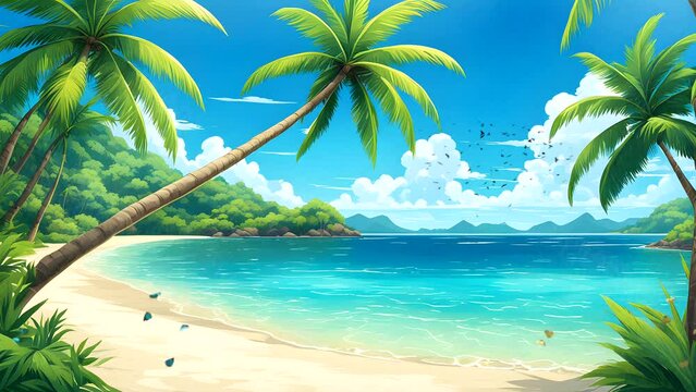 beautiful tropical beach with palm trees and clear blue water, which is surrounded by lush greenery. Seamless looping 4k time-lapse video animation background