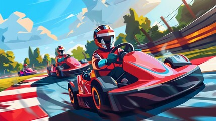 Paint a scene of karting enthusiasts pushing their machines to the limit on a challenging outdoor circuit - obrazy, fototapety, plakaty