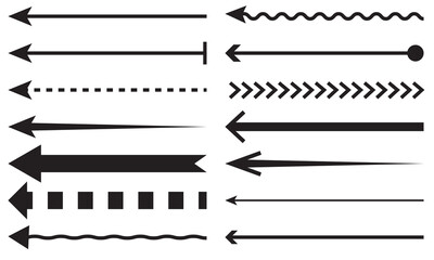 Straight long horizontal arrow set. Black colour shape isolated on white background. Vector illustration flat style. arrow vector.
