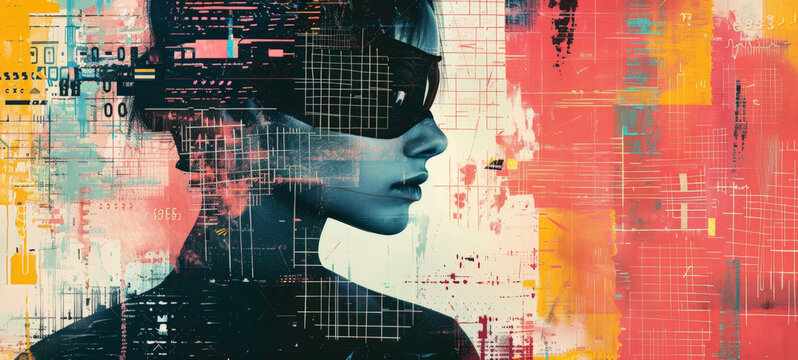 Grunge noise Creative Mixed media collage retro poster with 80s cyberpunk aesthetic. Beautiful vintage backdrop, grunge graphic design style.