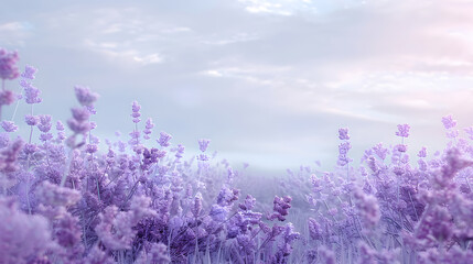 Fototapeta premium A vast purple flower field bathed in the warm colors of a summer sunset