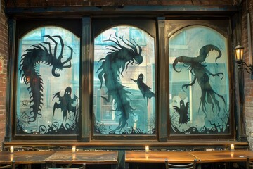Mystic Dragon and Warrior Stained Glass Windows in a Dimly Lit Tavern Setting