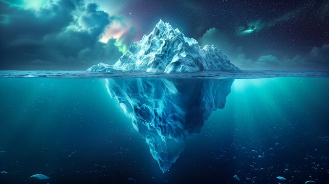 Underwater Risk - Global Warming Concept. Underwater iceberg floating in ocean. Image montage.