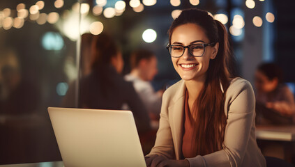 Happy Woman Watching Online Course in Office, Blurred Background Showing Working Colleagues