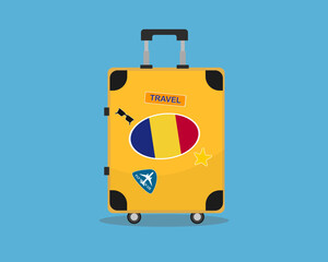 Suitcase or baggage with Romania flag, holiday and vacation idea