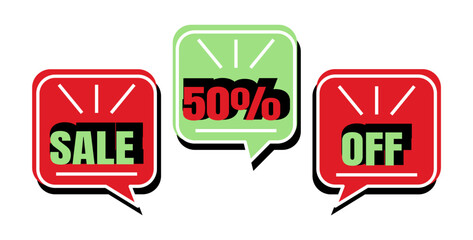 50% off. Sale. Three speech bubbles in red and green colors.