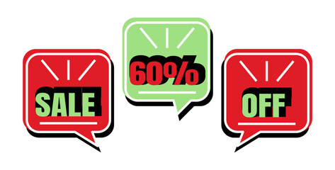 60% off. Sale. Three speech bubbles in red and green colors.