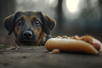 A curious dog intently gazes at a hotdog placed on the ground, a moment caught between temptation and obedience
