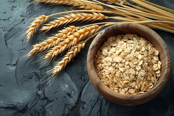 Organic Oats in a Wooden Bowl with Wheat Ears