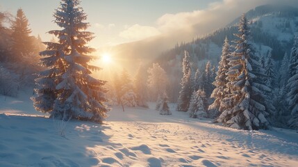 Incredible winter landscape with snowcapped pine trees under bright sunny light in frosty morning. Amazing nature scenery in winter mountain valley. Awesome natural Background. - obrazy, fototapety, plakaty