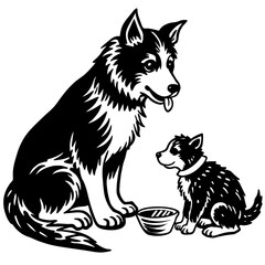 a baby dog and heh mother eating