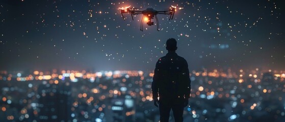 A man stands in the city at night, looking up at a drone flying overhead