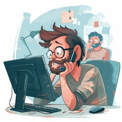 Stressed Man at Work with Customer Support Call