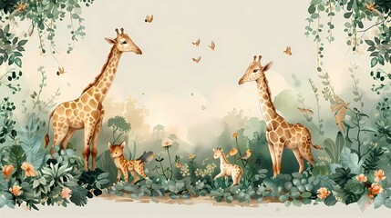 Fototapeta premium Enchanted Forest Scene With Giraffes and Lush Vegetation