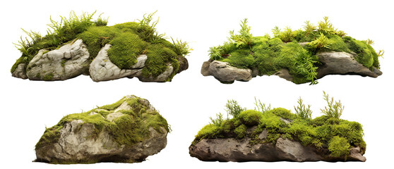 Set of moss-covered rocks in natural settings, cut out - obrazy, fototapety, plakaty