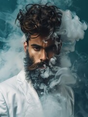 Fototapeta premium portrait of a handsome bearded man, smoke and mis around the head, 3:4