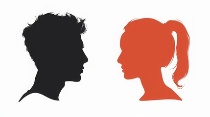 man and woman head opposite each other, solid color silhouette, white background, copy and text space, 16:9