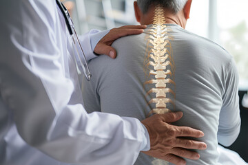 Doctor osteopath checking medical examination of spine on man's back and neck, indication of back pain. Spine is illuminated as bones. Improper posture, spinal curvature and osteochondros. Generate AI