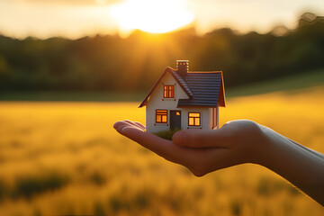 Wooden toy house on palm of hand among grass field and sun. Mortgage concept. Ecological settlements symbol. Eco-friendly house in countryside.