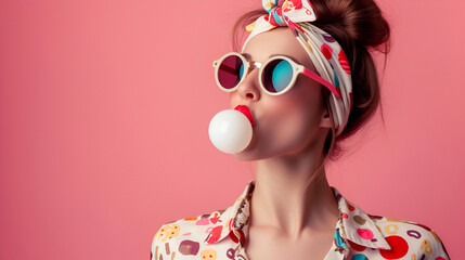 Beauty young woman model, with bright red lips, sunglasses and bubble gum on pink background. Fashion photo shooting for advertising decorative cosmetics. Copy space for text, banner. Generative AI