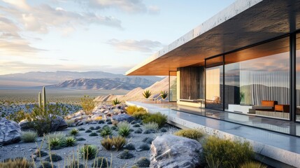 Desert oasis home with a minimalist exterior, showcasing a blend of concrete, glass, and natural stones against the backdrop of arid landscapes