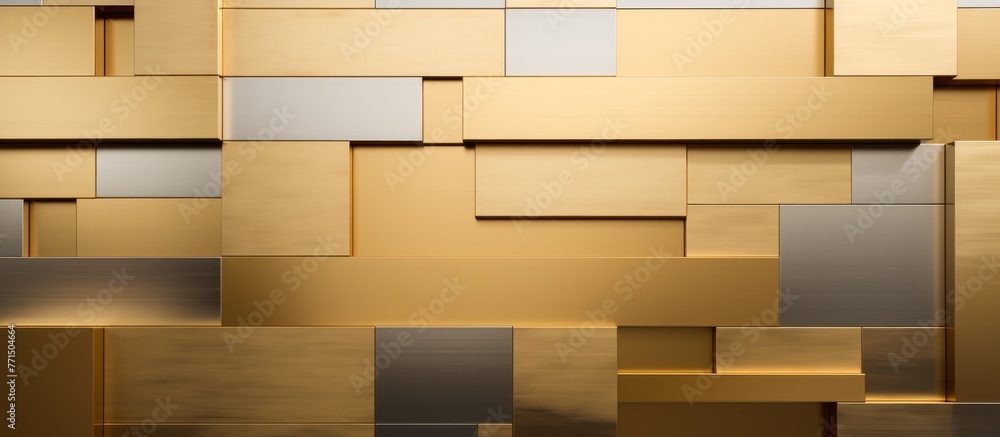 Poster a closeup of a wall with rectangular gold and silver metal squares, creating a symmetrical pattern r